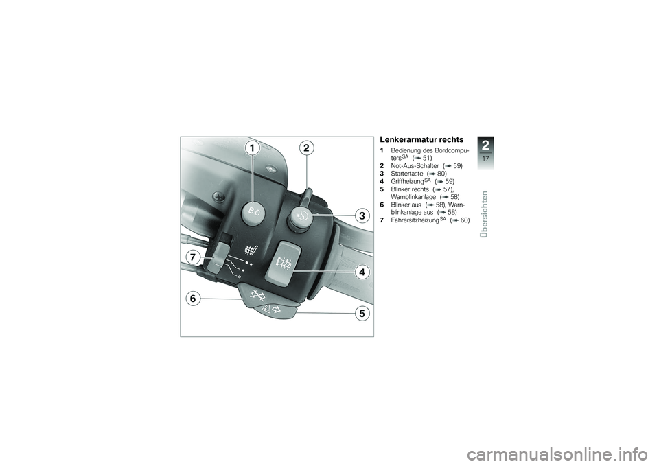 BMW MOTORRAD K 1200 GT 2007  Betriebsanleitung (in German) Lenkerarmatur rechts1Bedienung des Bordcompu-
ters
SA
( 51)
2 Not-Aus-Schalter ( 59)
3 Startertaste ( 80)
4 Griffheizung
SA
( 59)
5 Blinker rechts ( 57),
Warnblinkanlage ( 58)
6 Blinker aus ( 58), War