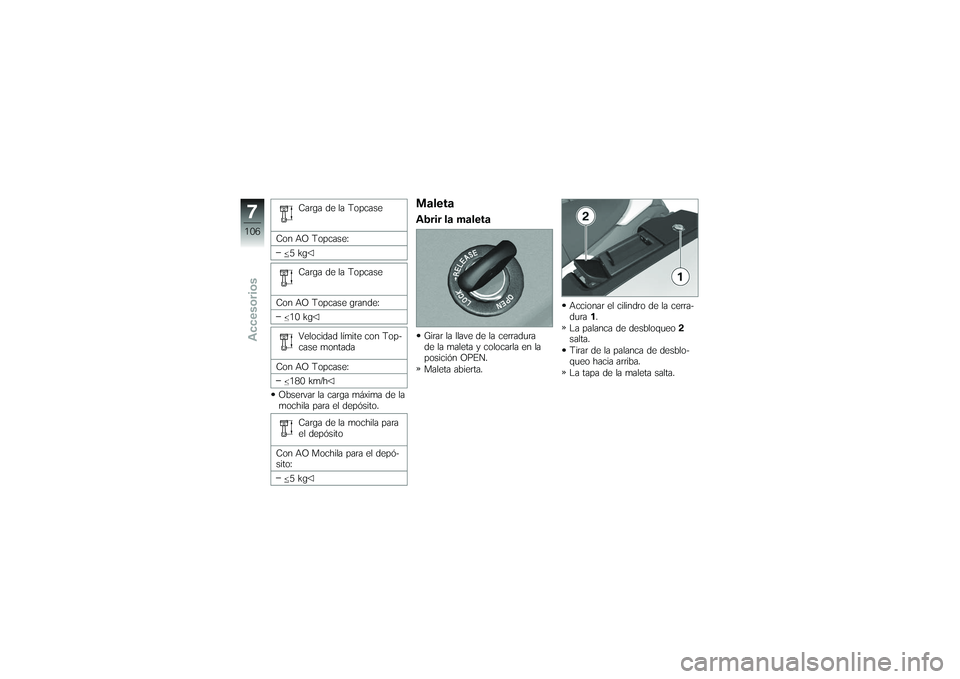BMW MOTORRAD K 1200 GT 2007  Manual de instrucciones (in Spanish) Carga de la Topcase
Con AO Topcase: 5kg
Carga de la Topcase
Con AO Topcase grande: 10 kg
Velocidad límite con Top-
case montada
Con AO Topcase: 180 km/h
Observar la carga máxima de la
mochila para e