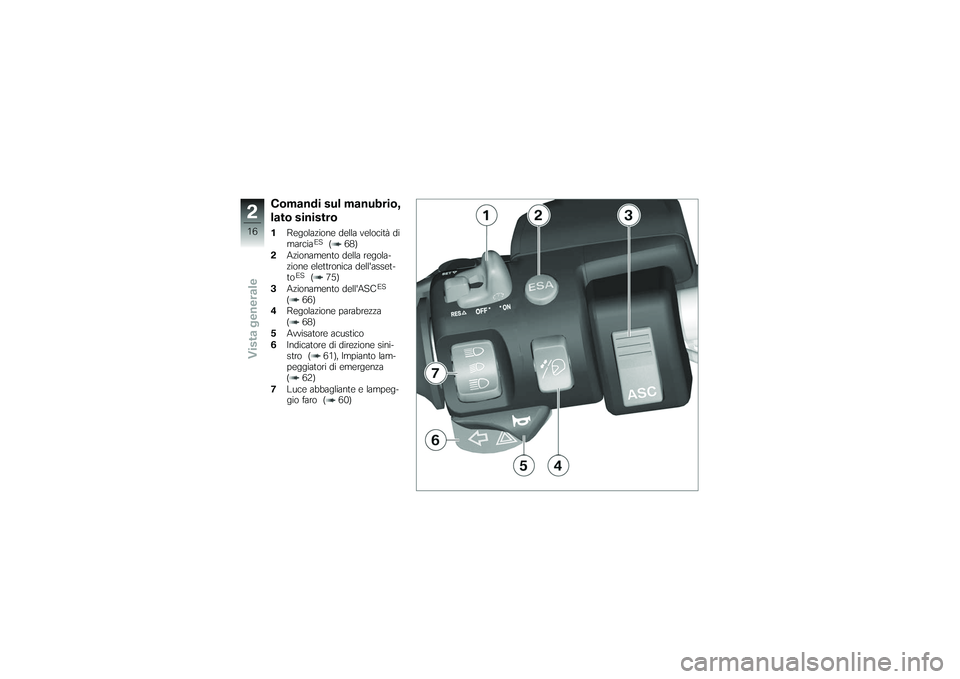 BMW MOTORRAD K 1200 GT 2007  Instruktionsbok (in Swedish) Comandi sul manubrio,
lato sinistro1Regolazione della velocità di
marcia
ES
( 68)
2 Azionamento della regola-
zione elettronica dellasset-
to
ES
( 75)
3 Azionamento dellASC
ES
( 66)
4 Regolazione p