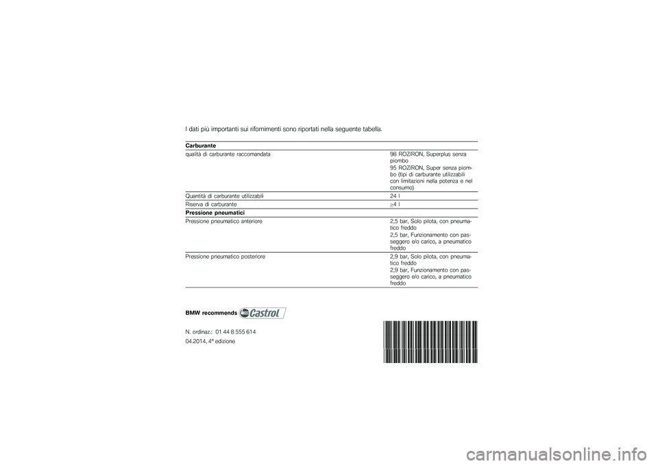 BMW MOTORRAD K 1200 GT 2007  Instruktionsbok (in Swedish) I dati più importanti sui rifornimenti sono riportati nella seguente tabella.Carburante
qualità di carburante raccomandata98 ROZ/RON, Superplus senza
piombo
95 ROZ/RON, Super senza piom-
bo (tipi di
