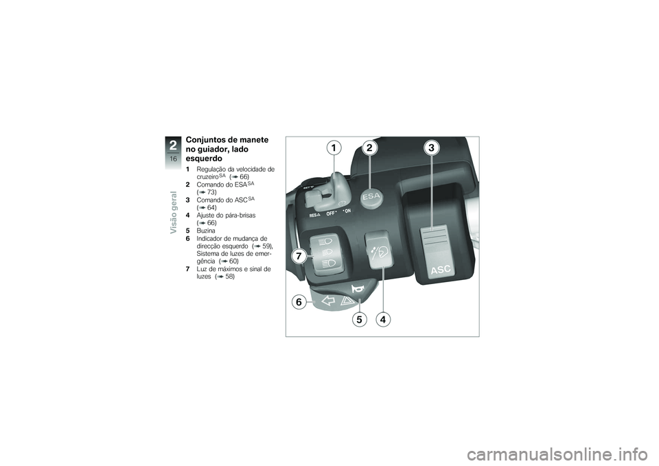 BMW MOTORRAD K 1200 GT 2007  Manual do condutor (in Portuguese) Conjuntos de manete
no guiador, lado
esquerdo1Regulação da velocidade de
cruzeiro
SA
( 66)
2 Comando do ESA
SA
( 73)
3 Comando do ASC
SA
( 64)
4 Ajuste do pára-brisas
( 66)
5 Buzina
6 Indicador de 