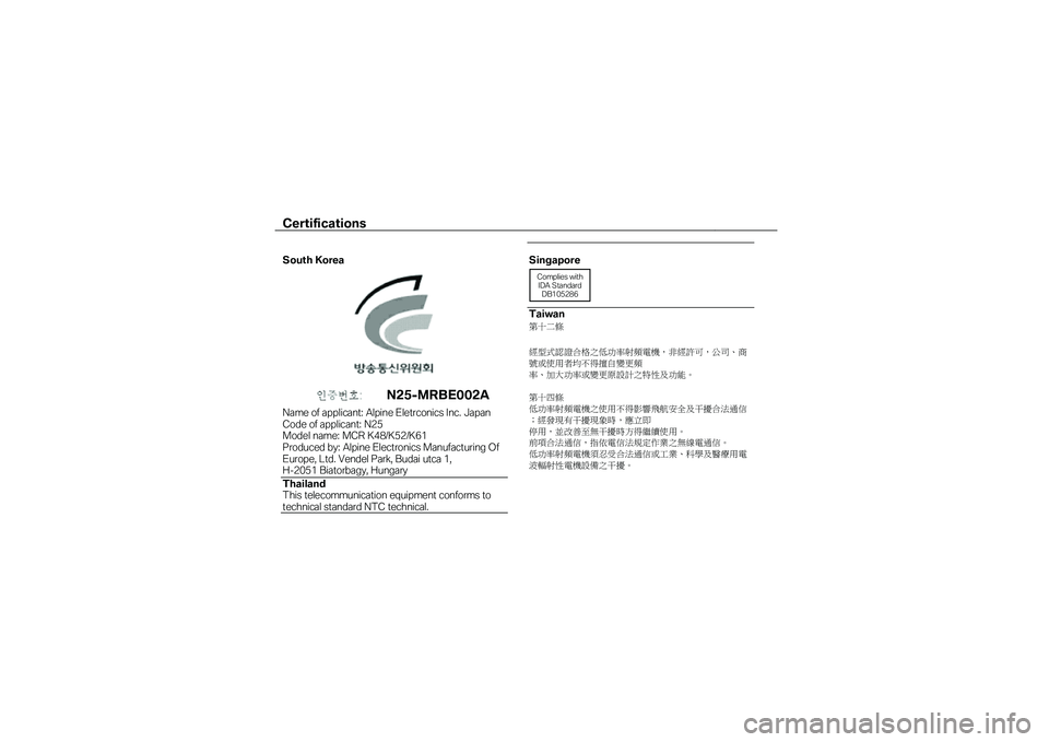 BMW MOTORRAD K 1600 B 2019  Riders Manual (in English) Certifications  
South Korea 
N25 - MRB E002 A  
Name 
of applicant:  Alpine  Eletrconics  Inc.  Japan 
Code  of applicant:  N25 
Model  name: MCR K48/K52/K61 
Produced by: Alpine  Electronics  Manufa