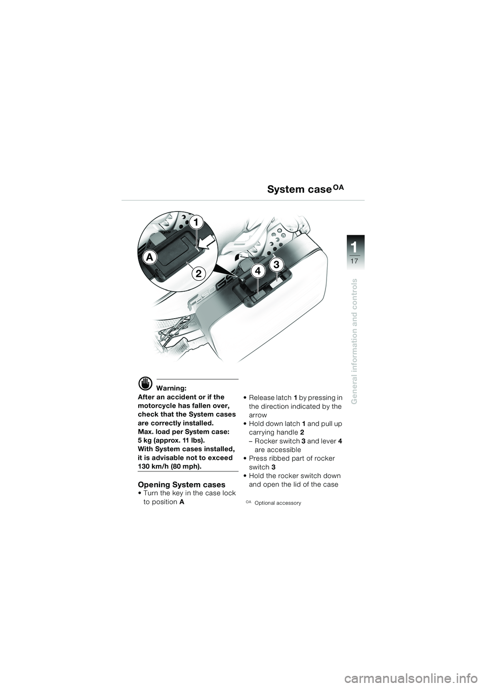 BMW MOTORRAD F 650 GS 2003  Riders Manual (in English) 111
17
General information and controls
34
1
2
A
d Warning:
After an accident or if the 
motorcycle has fallen over, 
check that the System cases 
are correctly installed.
Max. load per System case: 
