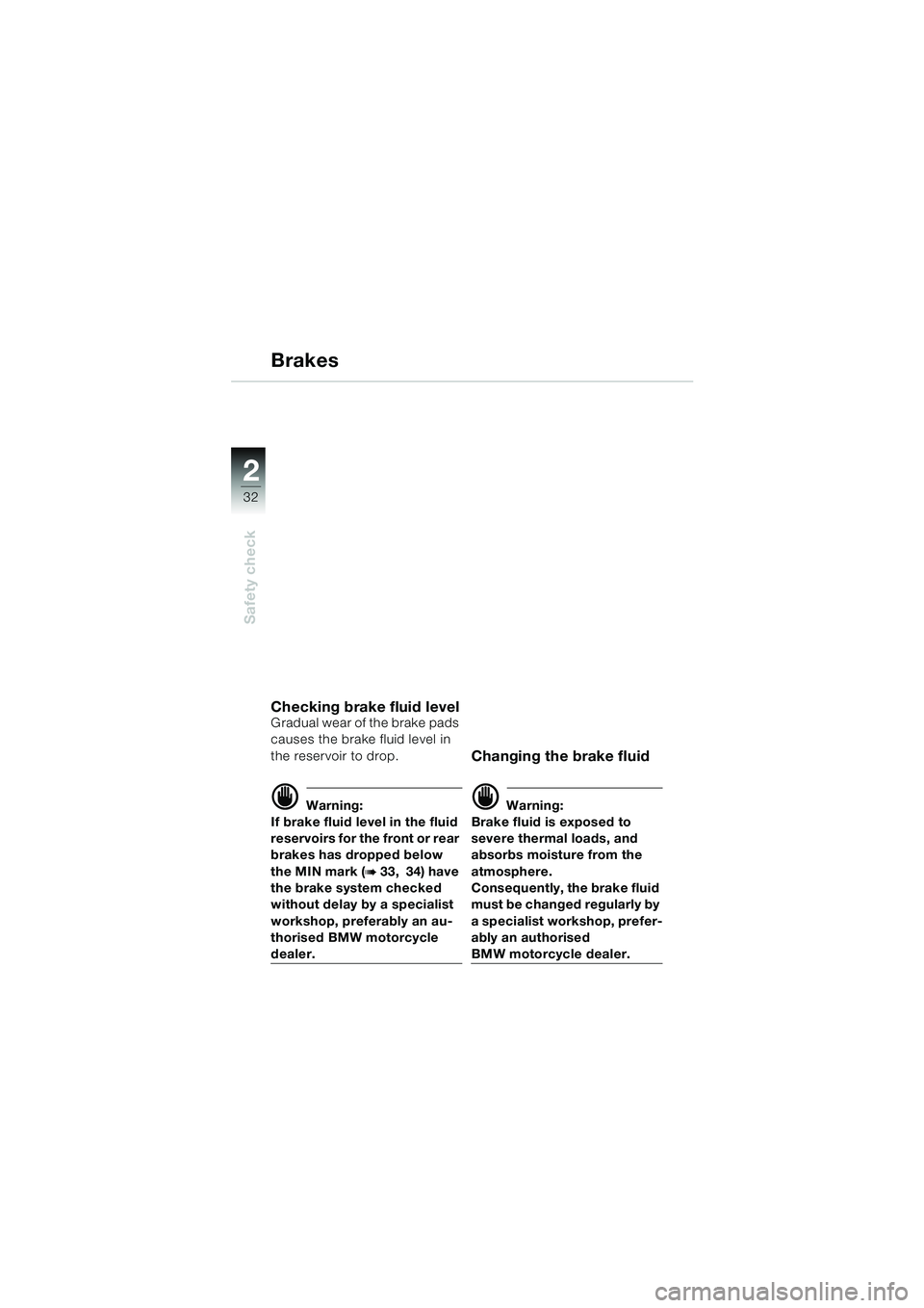 BMW MOTORRAD F 650 GS 2003  Riders Manual (in English) 32
Safety check
2
Brakes
Checking brake fluid levelGradual wear of the brake pads 
causes the brake fluid level in 
the reservoir to drop.
d Warning:
If brake fluid level in the fluid 
reservoirs for 