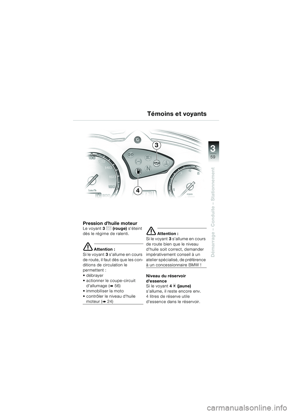 BMW MOTORRAD F 650 GS 2003  Livret de bord (in French) 3
59
Démarrage – Conduite – Stationnement
Pression d’huile moteurLe voyant3 p (rouge)  séteint 
dès le régime de ralenti.
e Attention :
Si le voyant 3 sallume en cours 
de route, il faut d