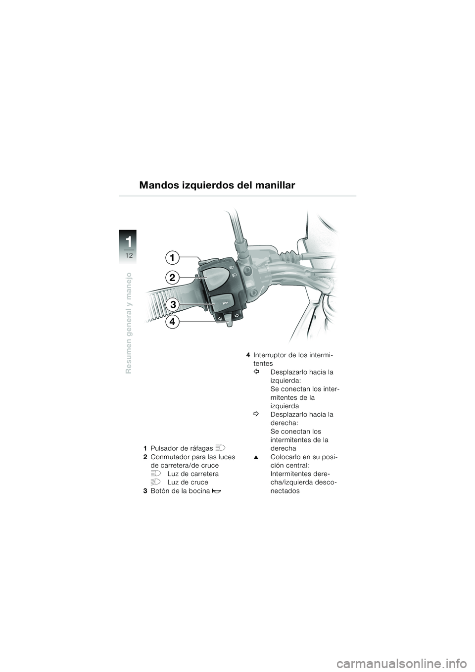 BMW MOTORRAD F 650 GS 2003  Manual de instrucciones (in Spanish) 11
12
Resumen general y manejo
1Pulsador de ráfagas H
2Conmutador para las luces 
de carretera/de cruce
FLuz de carretera
GLuz de cruce
3 Botón de la bocina 
z
4Interruptor de los intermi-
tentes
YD