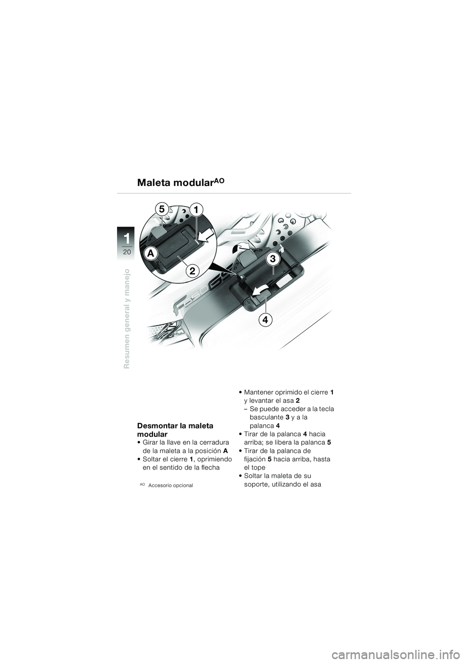 BMW MOTORRAD F 650 GS 2003  Manual de instrucciones (in Spanish) 11
20
Resumen general y manejo
Maleta modularAO
Desmontar la maleta 
modular
 Girar la llave en la cerradura de la maleta a la posición A
 Soltar el cierre  1, oprimiendo 
en el sentido de la flech