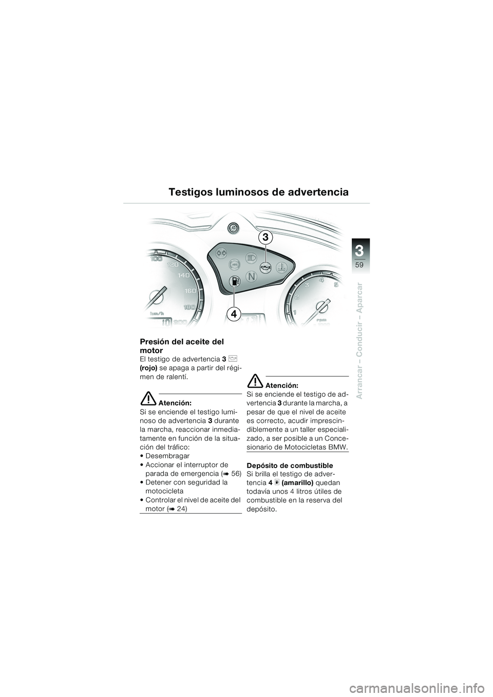 BMW MOTORRAD F 650 GS 2003  Manual de instrucciones (in Spanish) 3
59
Arrancar – Conducir – Aparcar
Presión del aceite del 
motor
El testigo de advertencia3 p 
(rojo)  se apaga a partir del régi-
men de ralentí.
e Atención:
Si se enciende el testigo lumi-
n
