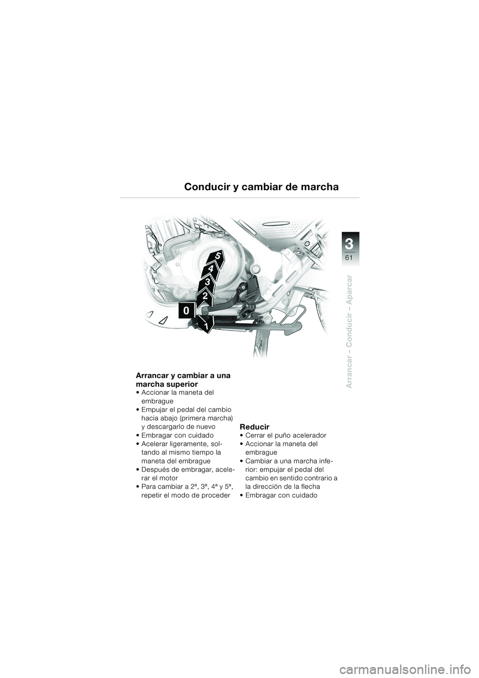 BMW MOTORRAD F 650 GS 2003  Manual de instrucciones (in Spanish) 3
61
Arrancar – Conducir – Aparcar
Arrancar y cambiar a una 
marcha superior
 Accionar la maneta del embrague
 Empujar el pedal del cambio 
hacia abajo (primera marcha) 
y descargarlo de nuevo
