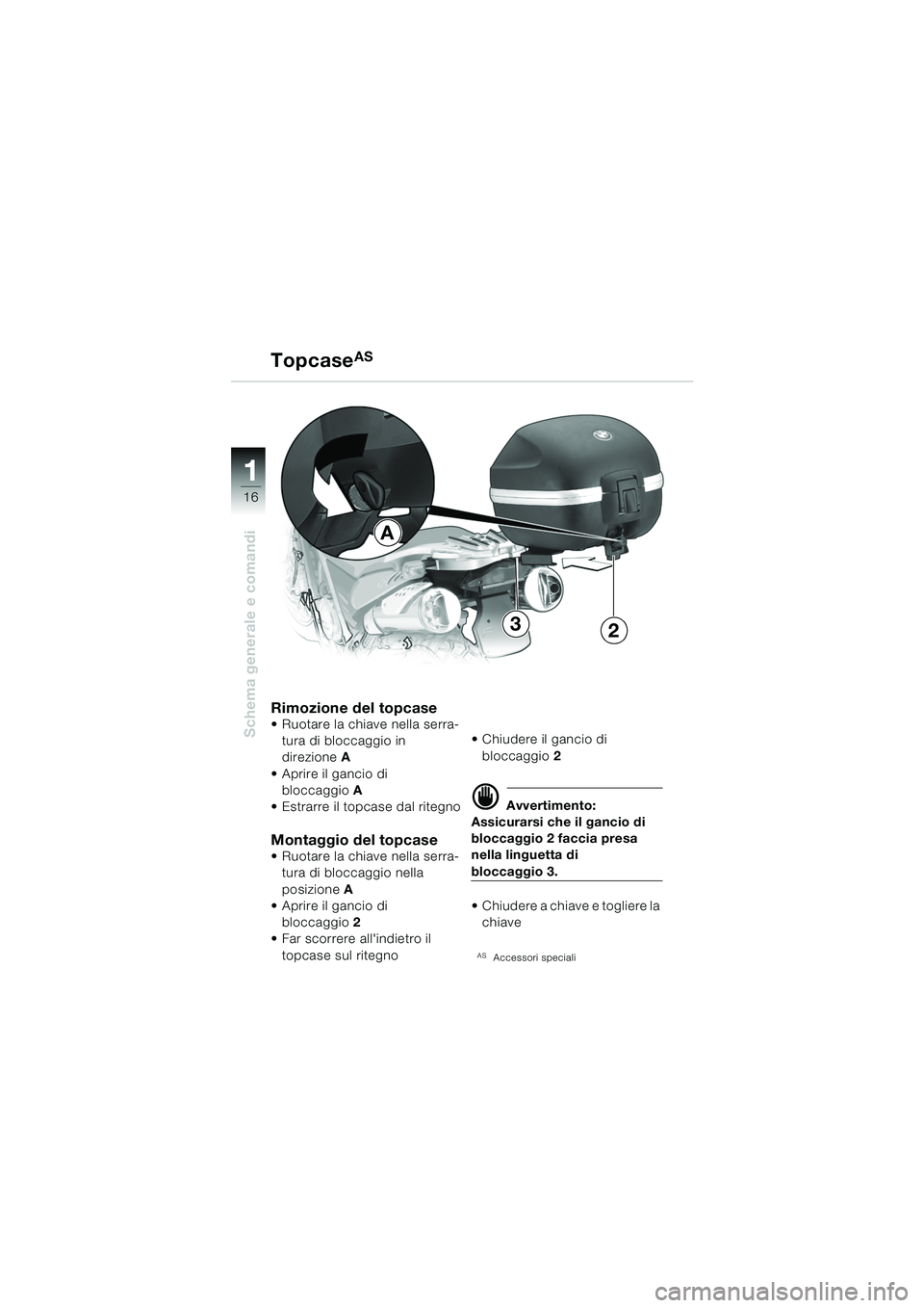 BMW MOTORRAD F 650 GS 2003  Libretto di uso e manutenzione (in Italian) 11
16
Schema generale e comandi
A
32
Rimozione del topcase Ruotare la chiave nella serra-tura di bloccaggio in 
direzione A 
 Aprire il gancio di  bloccaggio A 
 Estrarre il topcase dal ritegno
Mon