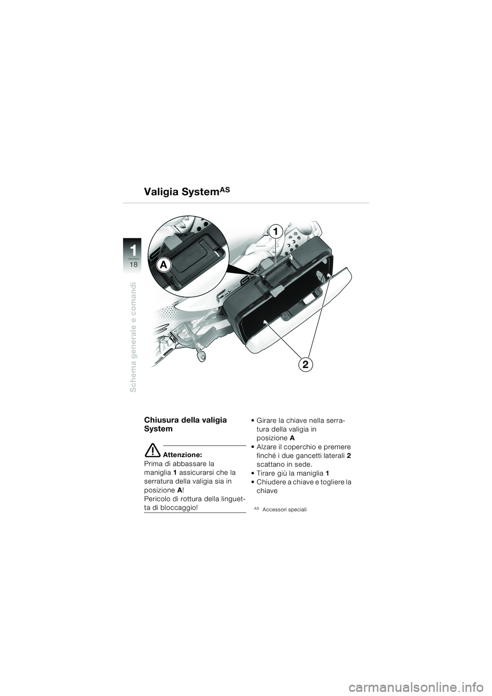 BMW MOTORRAD F 650 GS 2003  Libretto di uso e manutenzione (in Italian) 11
18
Schema generale e comandi
Valigia SystemAS
Chiusura della valigia 
System
e Attenzione:
Prima di abbassare la 
maniglia 1 assicurarsi che la 
serratura della valigia sia in 
posizione A!
Pericol