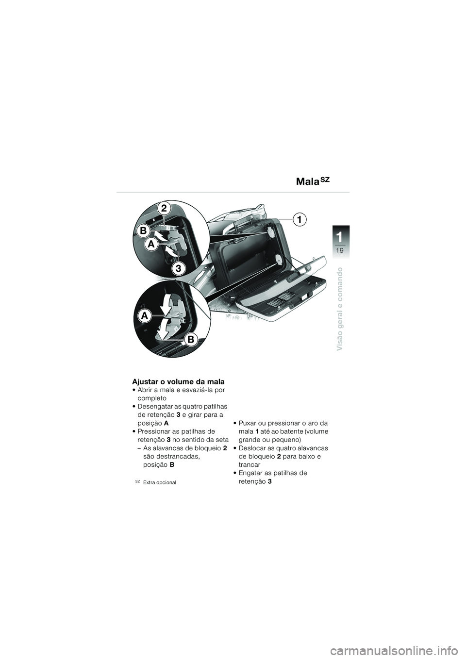 BMW MOTORRAD F 650 GS DAKAR 2003  Manual do condutor (in Portuguese) 111
19
Visão geral e comando
B
2
3
1
A
B
A
Ajustar o volume da mala Abrir a mala e esvaziá-la por completo
 Desengatar as quatro patilhas  de retenção 3 e girar para a 
posição A 
 Pressionar