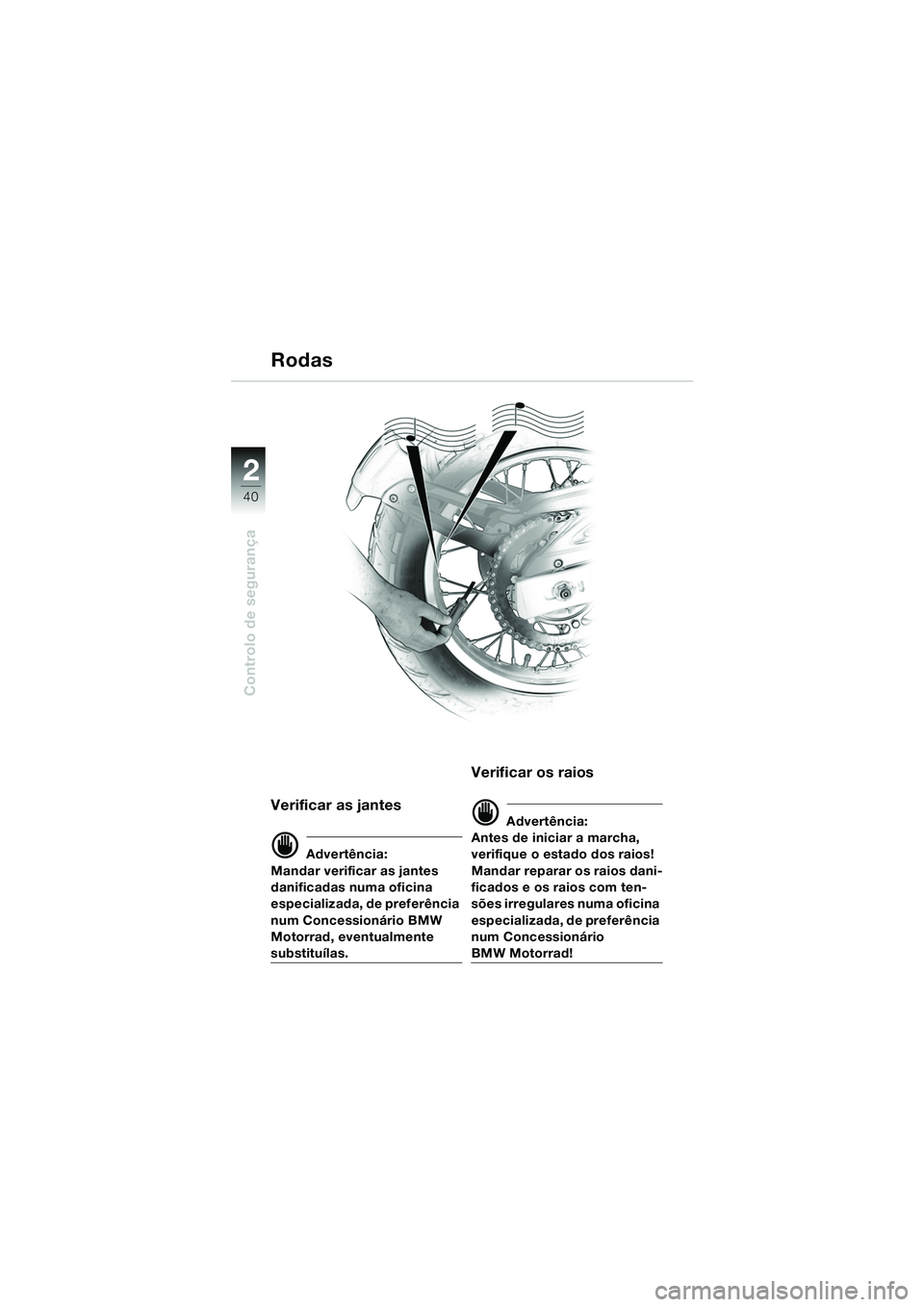 BMW MOTORRAD F 650 GS DAKAR 2003  Manual do condutor (in Portuguese) 40
Controlo de segurança
2
Verificar as jantes
d Advertência:
Mandar verificar as jantes 
danificadas numa oficina 
especializada, de preferência 
num Concessionário BMW 
Motorrad, eventualmente 
