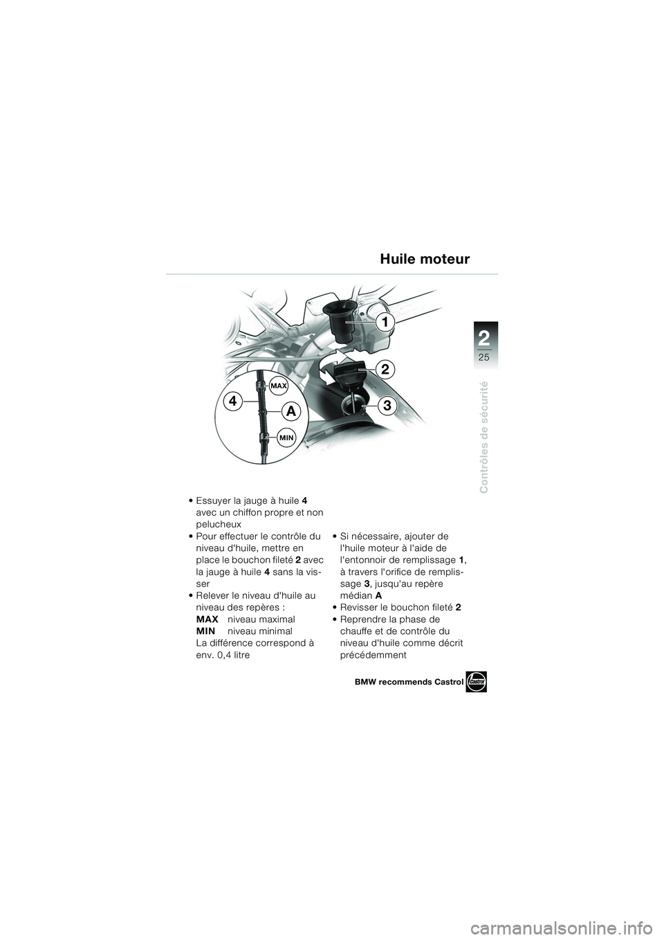 BMW MOTORRAD F 650 CS 2003  Livret de bord (in French) 1
25
Contrôles de sécurité
2
MAX
MIN
1
34
2
A
 Essuyer la jauge à huile 4 
avec un chiffon propre et non 
pelucheux
 Pour effectuer le contrôle du  niveau dhuile, mettre en 
place le bouchon f