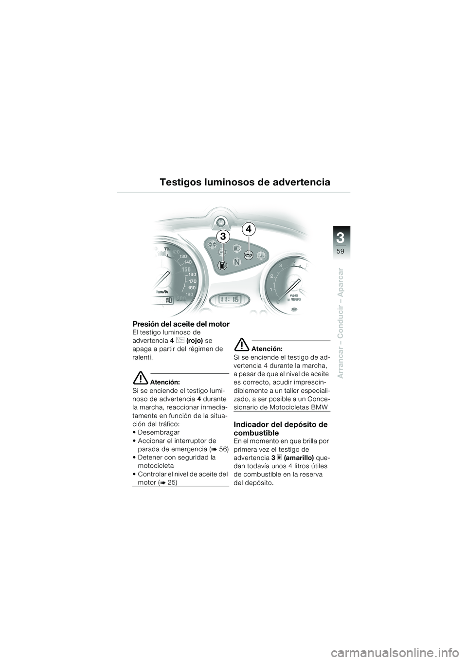 BMW MOTORRAD F 650 CS 2003  Manual de instrucciones (in Spanish) 3
59
Arrancar – Conducir – Aparcar
Presión del aceite del motorEl testigo luminoso de 
advertencia4 
p (rojo) se 
apaga a partir del régimen de 
ralentí.
e Atención:
Si se enciende el testigo 