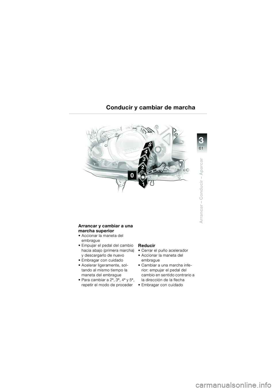 BMW MOTORRAD F 650 CS 2003  Manual de instrucciones (in Spanish) 3
61
Arrancar – Conducir – AparcarArrancar y cambiar a una 
marcha superior
 Accionar la maneta del 
embrague
 Empujar el pedal del cambio 
hacia abajo (primera marcha) 
y descargarlo de nuevo

