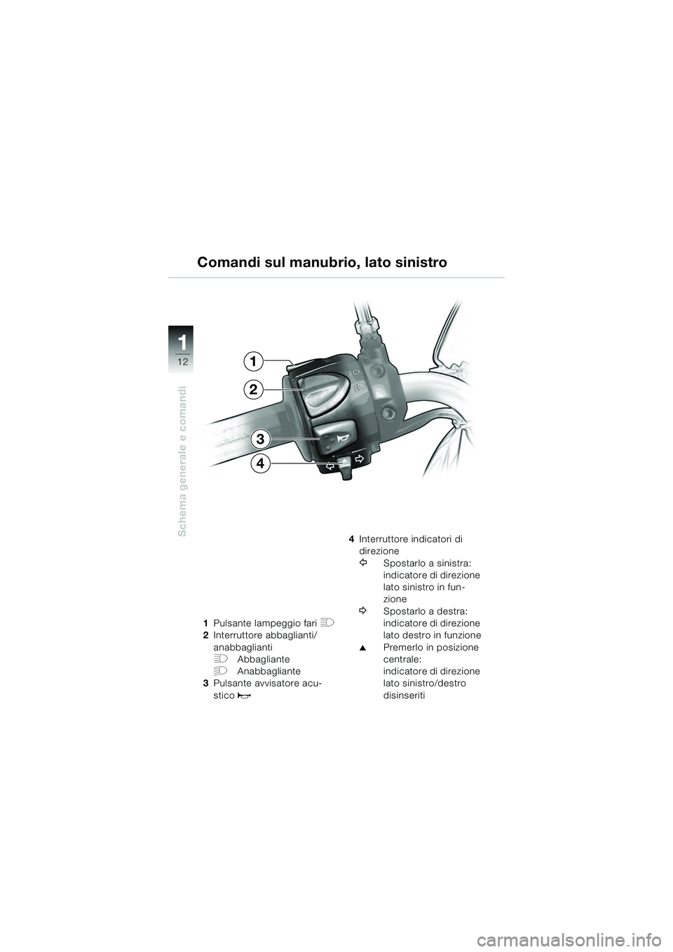 BMW MOTORRAD F 650 CS 2003  Libretto di uso e manutenzione (in Italian) 11
12
Schema generale e comandi
1Pulsante lampeggio fari H
2Interruttore abbaglianti/
anabbaglianti
FAbbagliante
GAnabbagliante
3 Pulsante avvisatore acu-
stico 
z
4Interruttore indicatori di 
direzio