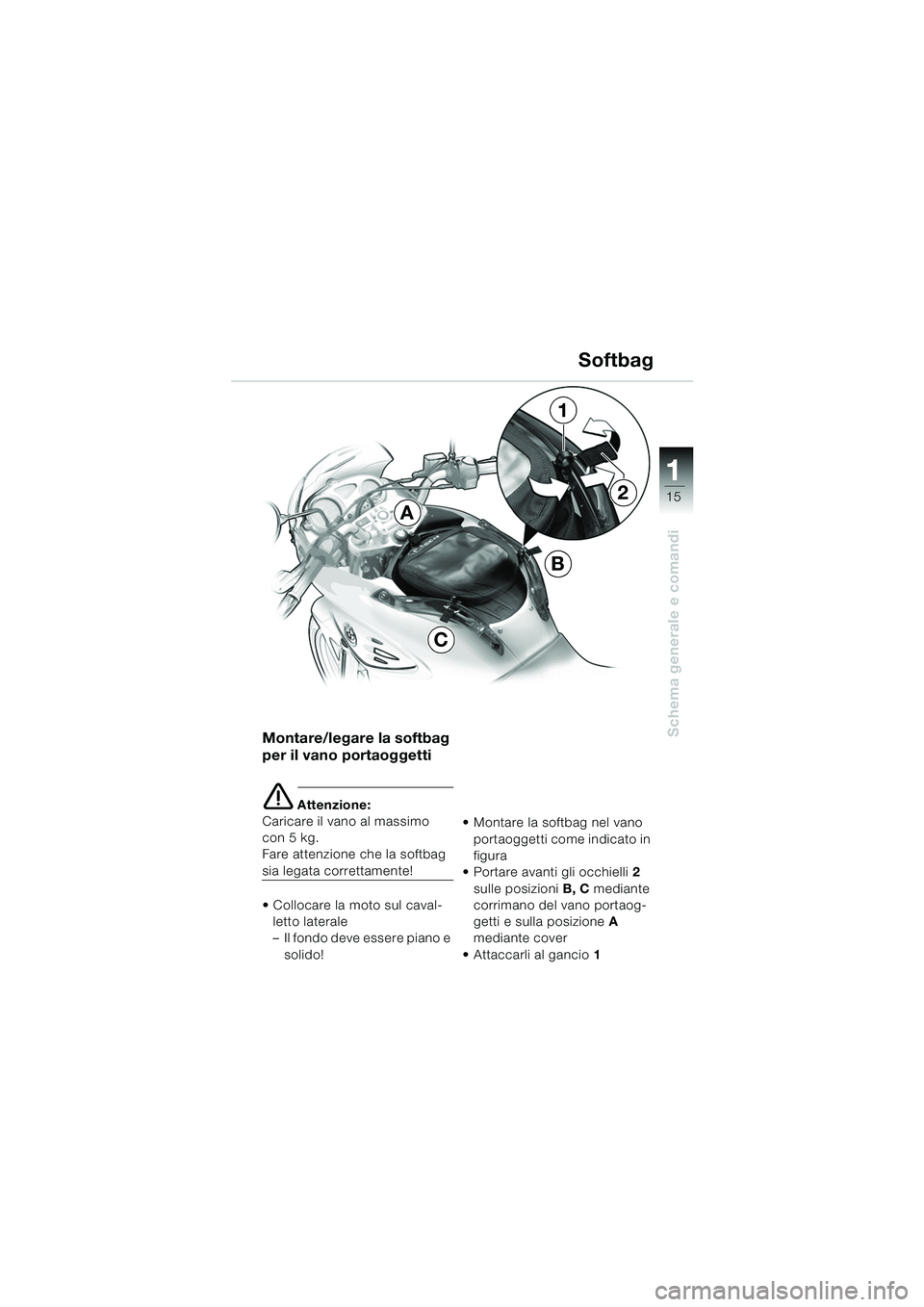 BMW MOTORRAD F 650 CS 2003  Libretto di uso e manutenzione (in Italian) 111
15
Schema generale e comandi
Softbag
Montare/legare la softbag 
per il vano portaoggetti
e Attenzione:
Caricare il vano al massimo 
con 5 kg.
Fare attenzione che la softbag 
sia legata correttamen