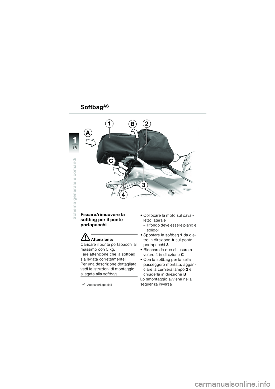 BMW MOTORRAD F 650 CS 2003  Libretto di uso e manutenzione (in Italian) 11
18
Schema generale e comandiFissare/rimuovere la 
softbag per il ponte 
portapacchi
e Attenzione:
Caricare il ponte portapacchi al 
massimo con 5 kg.
Fare attenzione che la softbag 
sia legata corr