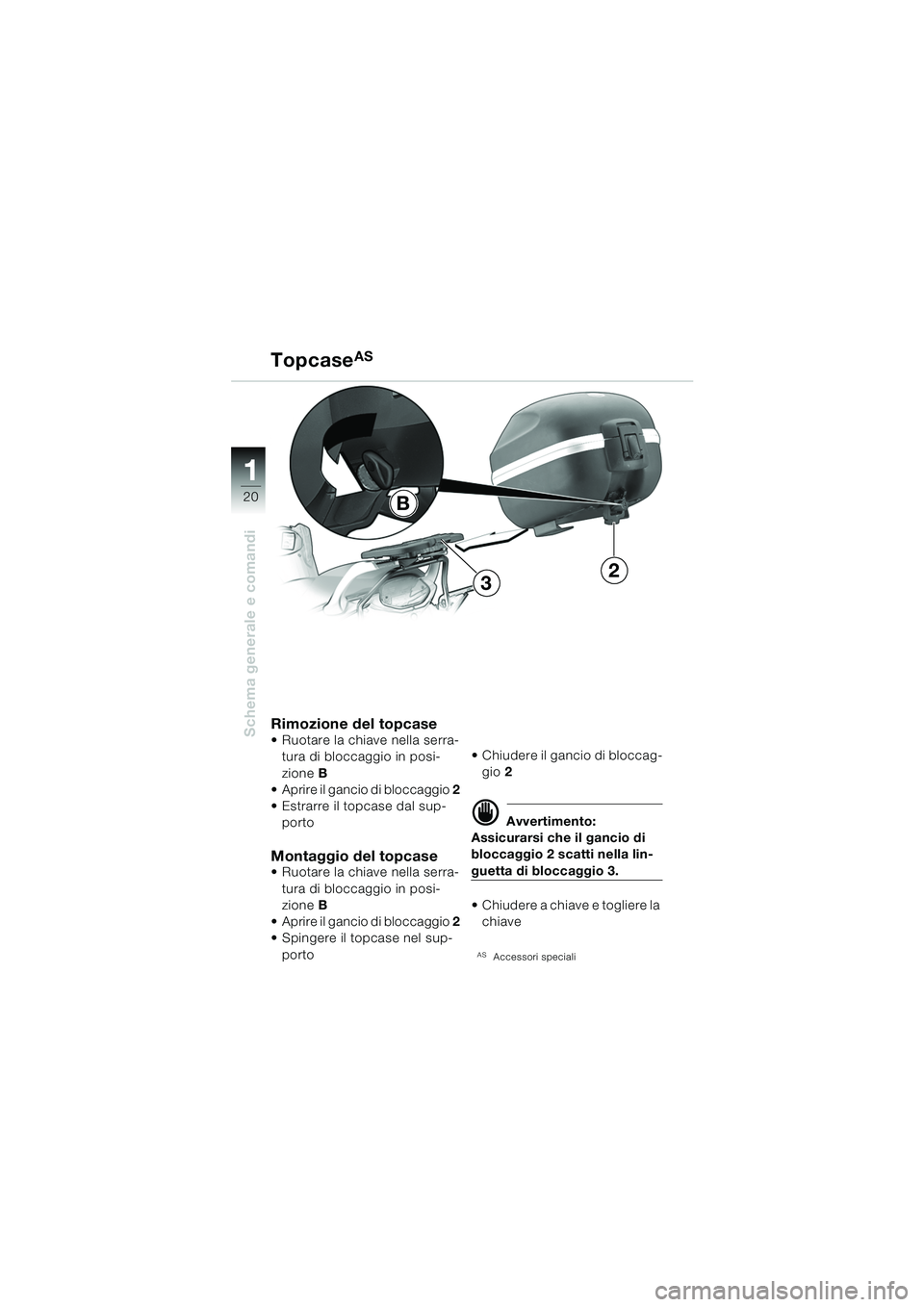 BMW MOTORRAD F 650 CS 2003  Libretto di uso e manutenzione (in Italian) 11
20
Schema generale e comandi
TopcaseAS
Rimozione del topcase Ruotare la chiave nella serra-tura di bloccaggio in posi-
zione  B 
 Aprire il gancio di bloccaggio 2  
 Estrarre il topcase dal sup-