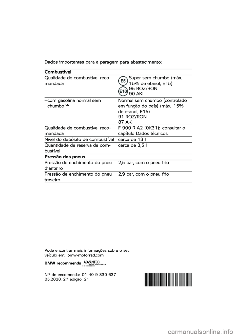 BMW MOTORRAD F 900 R 2020  Manual do condutor (in Portuguese) �D����$ �
����\f������$ ���\f� � ���\f���� ���\f� ��&��$����
������E
�������\b�	�\f�
�
�F�	���
���� �� ����&�	�$����� �\f����)�������