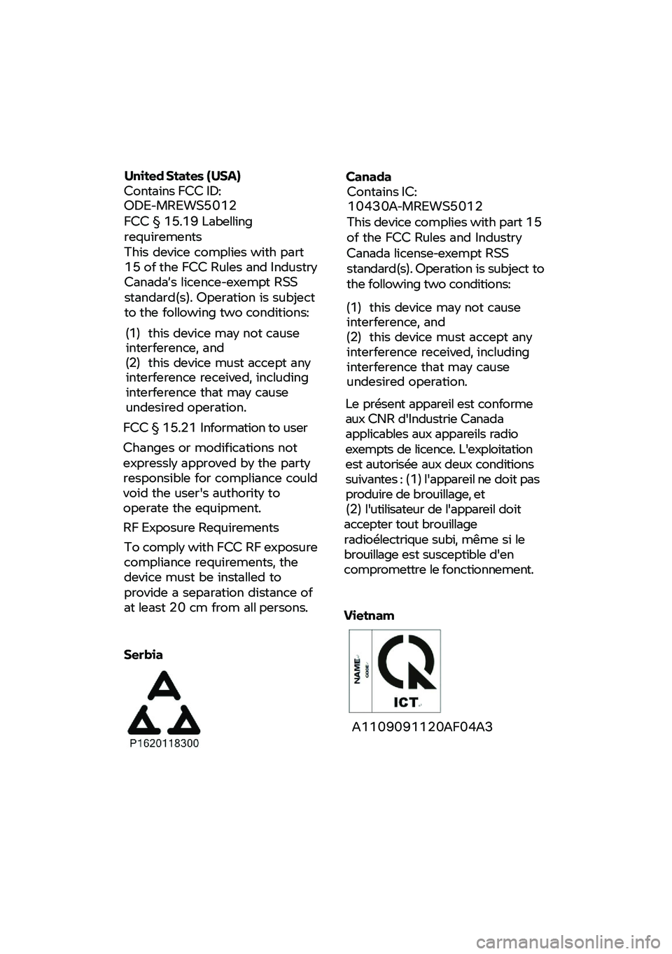 BMW MOTORRAD F 900 R 2021  Instruktionsbok (in Swedish)  
 
 
 
United States  (USA)  
Contains  FCC  ID:  
ODE -MREWS5012 
FCC § 15.19  Labelling 
requirements  
This device complies with part  
15  of  the  FCC  Rules  and  Industry  
Canada’s licence