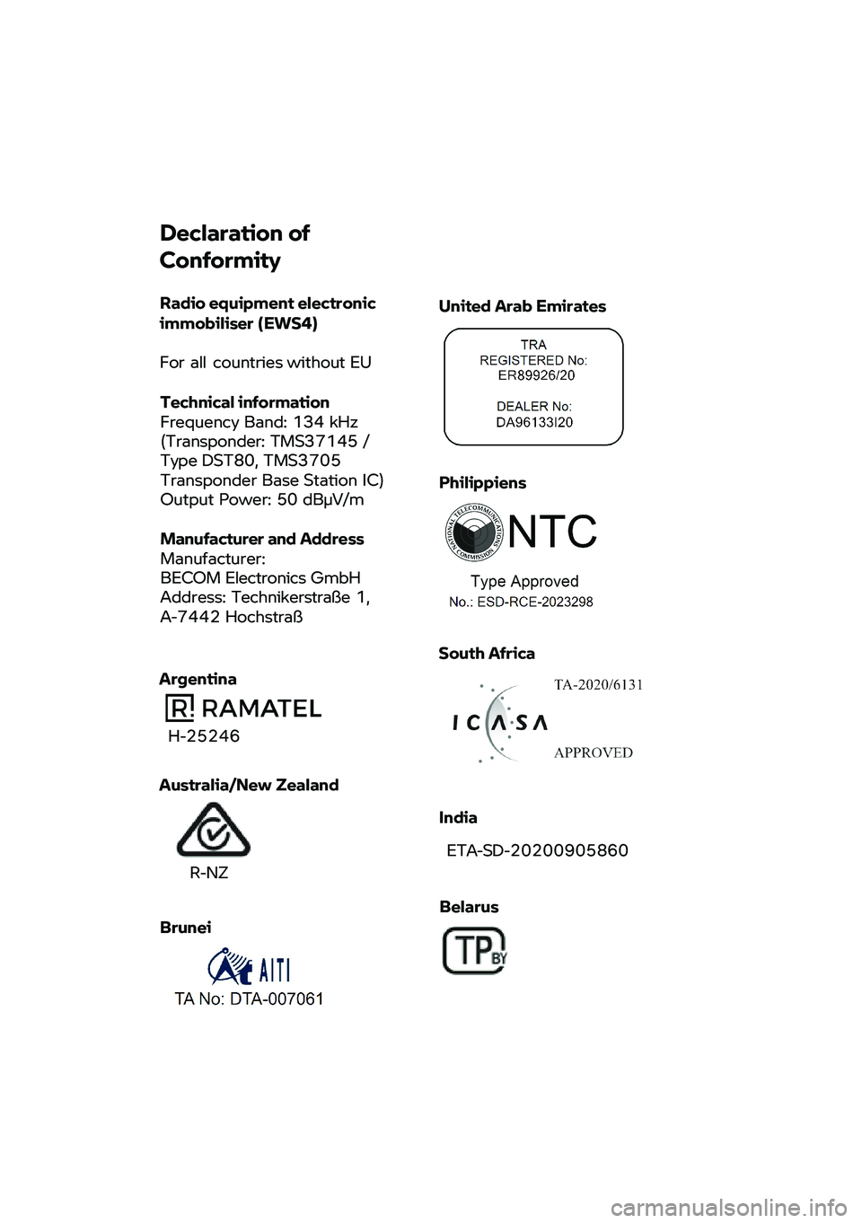 BMW MOTORRAD M 1000 RR 2021  Instrukcja obsługi (in Polish) Declaration 
of 
Conformity 
Radio  equipment electronic 
immobiliser (EWS4)  
For  all countries  without EU 
Tech
nical  information 
Frequency  Band: 134 kHz  
(Transponder:  T

MS37145 / 
Type  DS