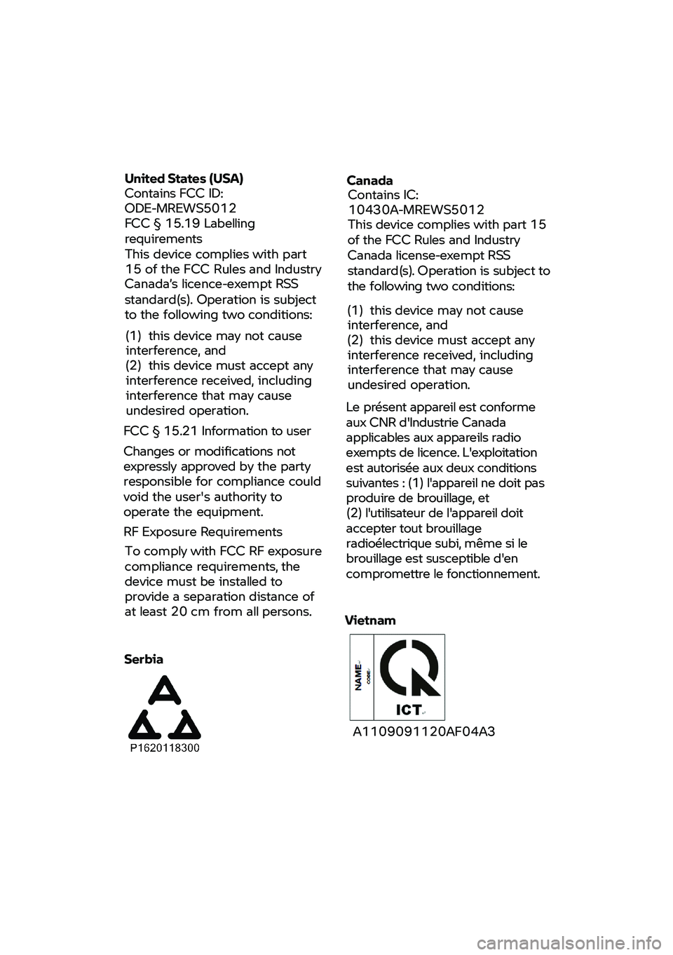 BMW MOTORRAD C 400 GT 2021 Instruktionsbok (in Swedish) United
States (USA)
Contains FCC ID:
ODE-MREWS5012
FCC §
15.19 Labelling
requirements
This device complies with part
15 of the FCC
Rules and Industry
Canada BMW MOTORRAD C 400 GT 2021 Instruktionsbok (in Swedish) United
States (USA)
Contains FCC ID:
ODE-MREWS5012
FCC §
15.19 Labelling
requirements
This device complies with part
15 of the FCC
Rules and Industry
Canada