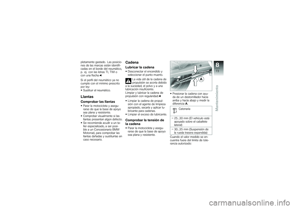 BMW MOTORRAD G650 XMOTO 2007  Manual de instrucciones (in Spanish) pletamente gastado. Las posicio-
nes de las marcas están identifi-
cadas en el borde del neumático,
p. ej. con las letras TI, TWI o
con una flecha.
Si el perfil del neumático ya no
cumple con el m