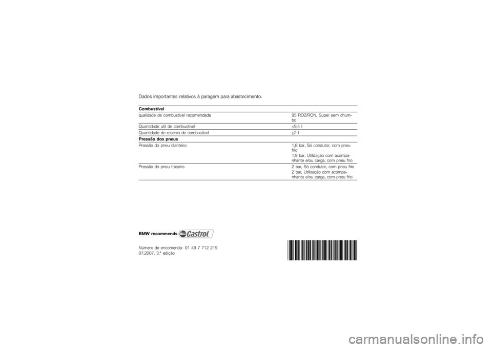 BMW MOTORRAD G650 XMOTO 2007  Instrukcja obsługi (in Polish) Dados importantes relativos à paragem para abastecimento.Combustível
qualidade de combustível recomendada95 ROZ/RON, Super sem chum-
bo
Quantidade útil de combustível 9,5 l
Quantidade de reserva 