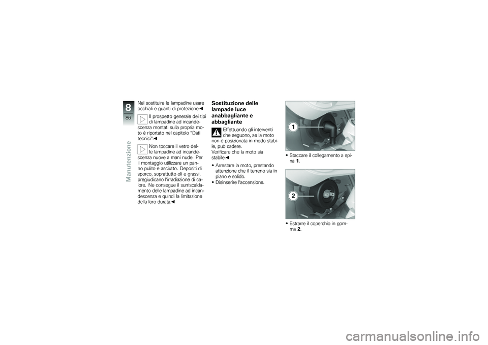 BMW MOTORRAD G 650 GS 2010  Libretto di uso e manutenzione (in Italian) 
Nel sostituire le lampadine usareocchiali e guanti di protezione.
Il prospetto generale dei tipidi lampadine ad incande-scenza montati sulla propria mo-to è riportato nel capitolo "Datitecnici".
Non