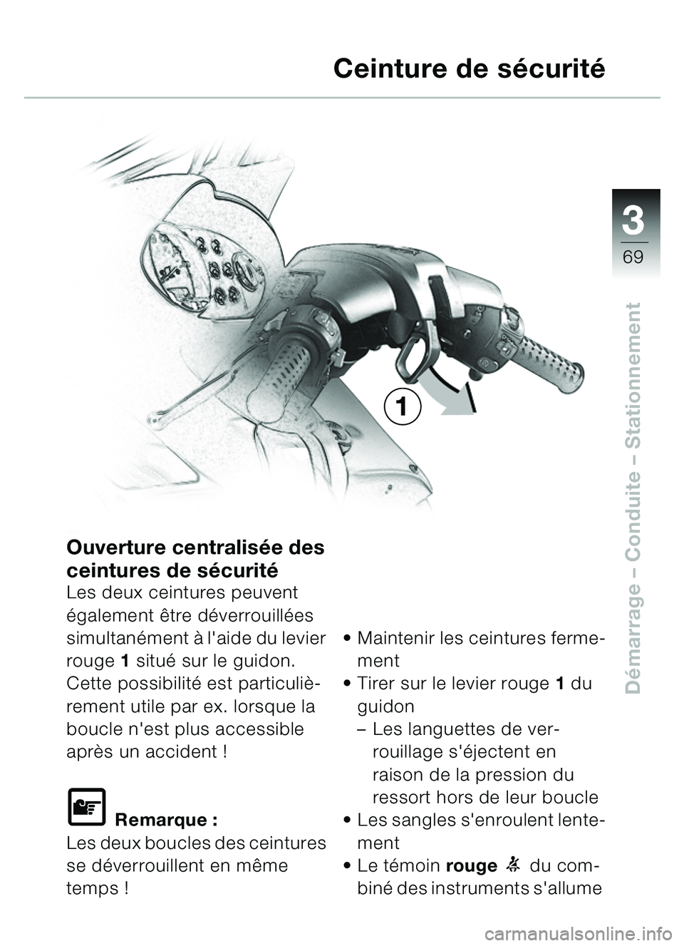BMW MOTORRAD C1 2000  Livret de bord (in French) 33
69
Démarrage  – Conduite  – Stationnement
Ouverture centralisée des 
ceintures de s écurité
Les deux ceintures peuvent 
également être déverrouillées 
simultanément  à laide du levie