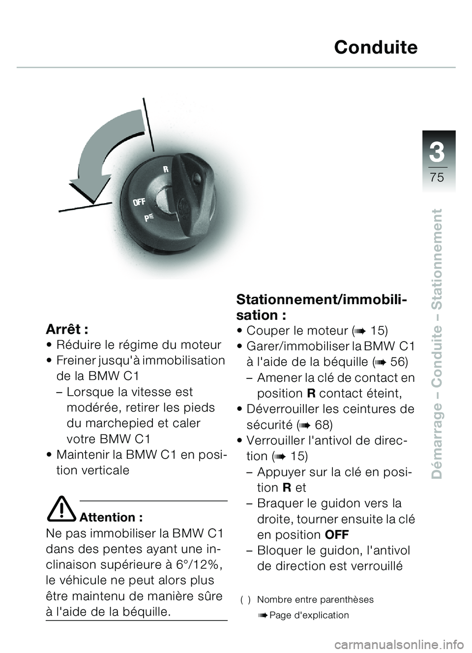 BMW MOTORRAD C1 2000  Livret de bord (in French) 33
75
Démarrage  – Conduite  – Stationnement
Arrêt :Réduire le r égime du moteur
 Freiner jusquà  immobilisation 
de la BMW C1 
– Lorsque la vitesse est 
mod érée, retirer les pieds 
d
