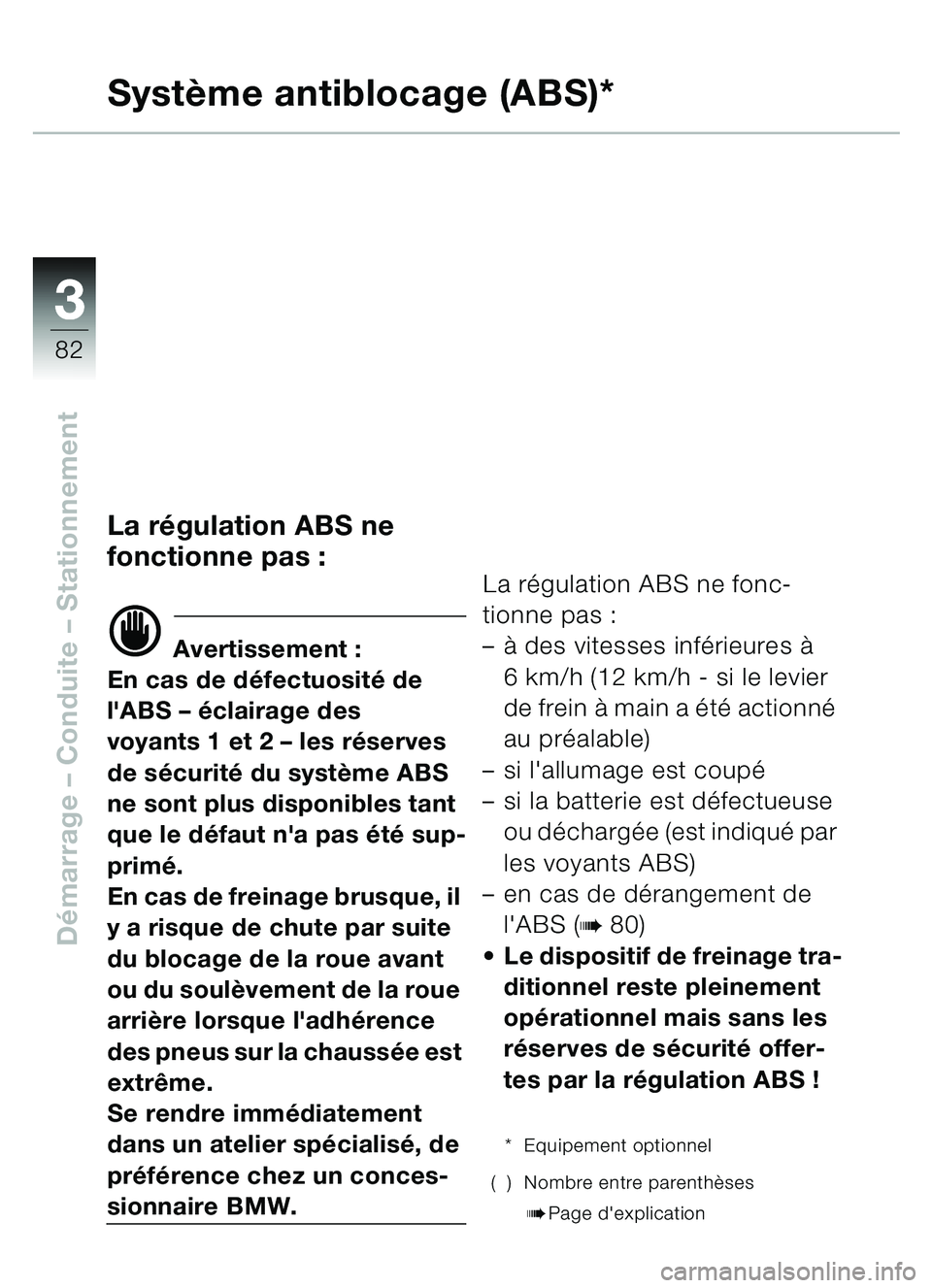 BMW MOTORRAD C1 2000  Livret de bord (in French) 33
82
Démarrage  – Conduite  – Stationnement
Système antiblocage (ABS)*
La régulation ABS ne 
fonctionne pas :
d Avertissement :
En cas de d éfectuosité de 
lABS  – éclairage des 
voyants
