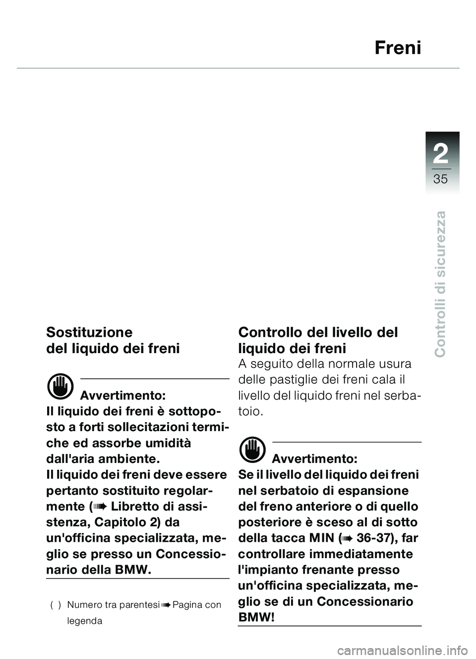 BMW MOTORRAD C1 2000  Libretto di uso e manutenzione (in Italian) 2
35
Controlli di sicurezza
Freni
Sostituzione 
del liquido dei freni
d Avvertimento:
Il liquido dei freni è sottopo-
sto a forti sollecitazioni termi-
che ed assorbe umidità 
dallaria ambiente.
Il