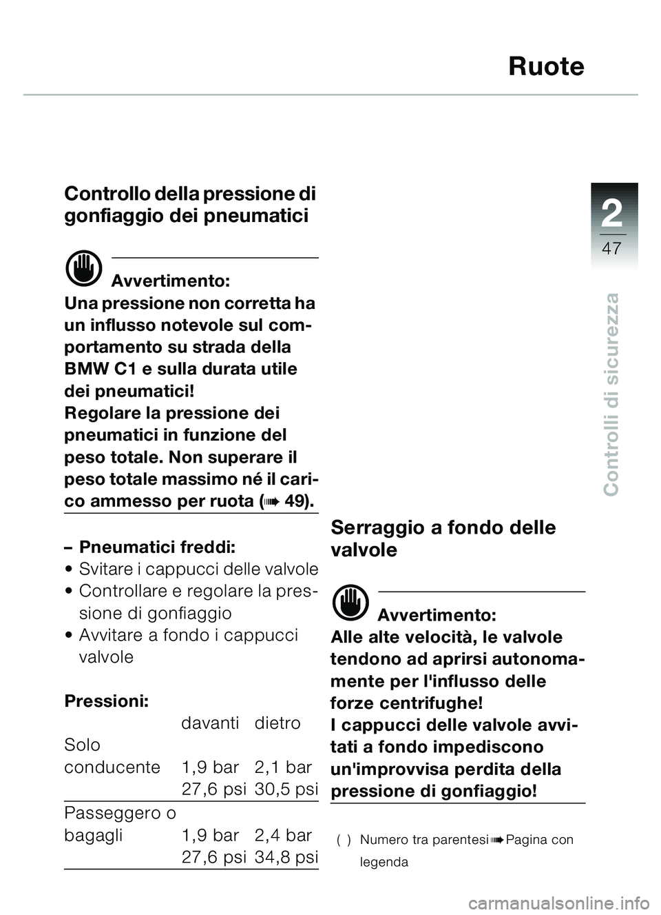 BMW MOTORRAD C1 2000  Libretto di uso e manutenzione (in Italian) 2
47
Controlli di sicurezza
Ruote
Controllo della pressione di 
gonfiaggio dei pneumatici
d Avvertimento:
Una pressione non corretta ha 
un influsso notevole sul com-
portamento su strada della 
BMW C