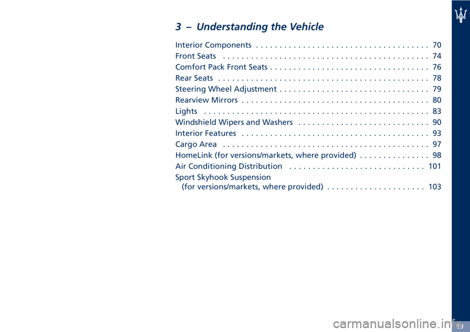 MASERATI GRANTURISMO 2020  Owners Manual 3 – Understanding the Vehicle
Interior Components..................................... 70
Front Seats............................................ 74
Comfort Pack Front Seats.........................