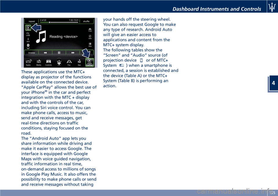 MASERATI GRANTURISMO CONVERTIBLE 2020  Owners Manual These applications use the MTC+
display as projector of the functions
available on the connected device.
“Apple CarPlay” allows the best use of
your iPhone
®in the car and perfect
integration wit