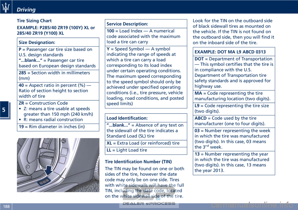 MASERATI GRANTURISMO CONVERTIBLE 2019  Owners Manual Tire Sizing Chart
EXAMPLE: P285/40 ZR19 (100Y) XL or
285/40 ZR19 (Y100) XL
Size Designation:
P= Passenger car tire size based on
U.S. design standards
“...blank...” = Passenger car tire
based on E