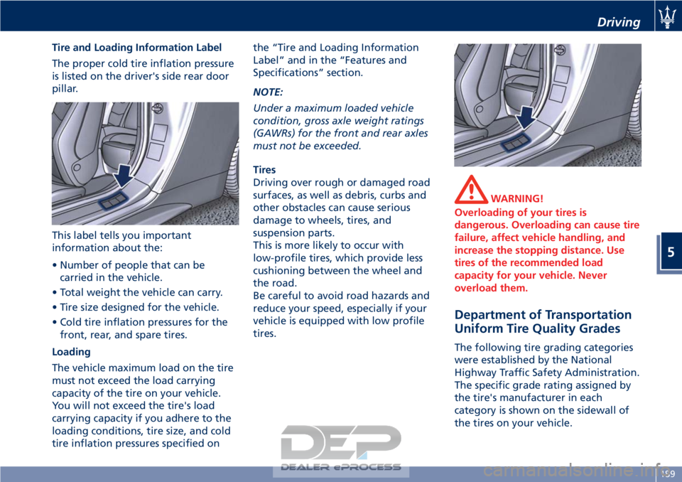 MASERATI GRANTURISMO CONVERTIBLE 2019  Owners Manual Tire and Loading Information Label
The proper cold tire inflation pressure
is listed on the driver's side rear door
pillar.
This label tells you important
information about the:
• Number of peop