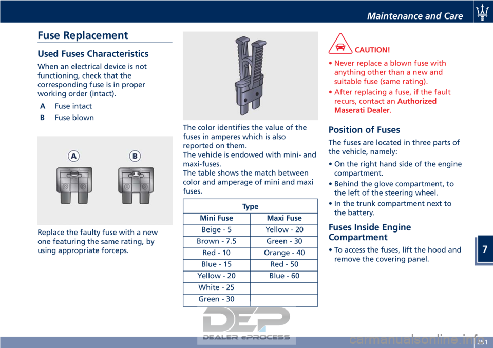 MASERATI GRANTURISMO CONVERTIBLE 2019  Owners Manual Fuse Replacement
Used Fuses Characteristics
When an electrical device is not
functioning, check that the
corresponding fuse is in proper
working order (intact).A Fuse intact
B Fuse blown
Replace the f