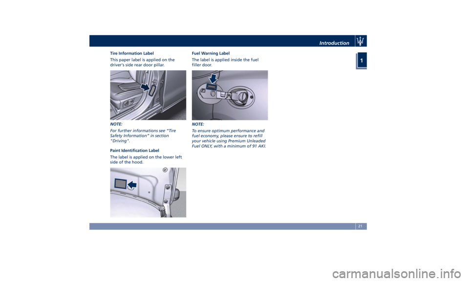 MASERATI LEVANTE 2019  Owners Manual Tire Information Label
This paper label is applied on the
driver's side rear door pillar.
NOTE:
For further informations see “Tire
Safety Information” in section
"Driving".
Paint Ident