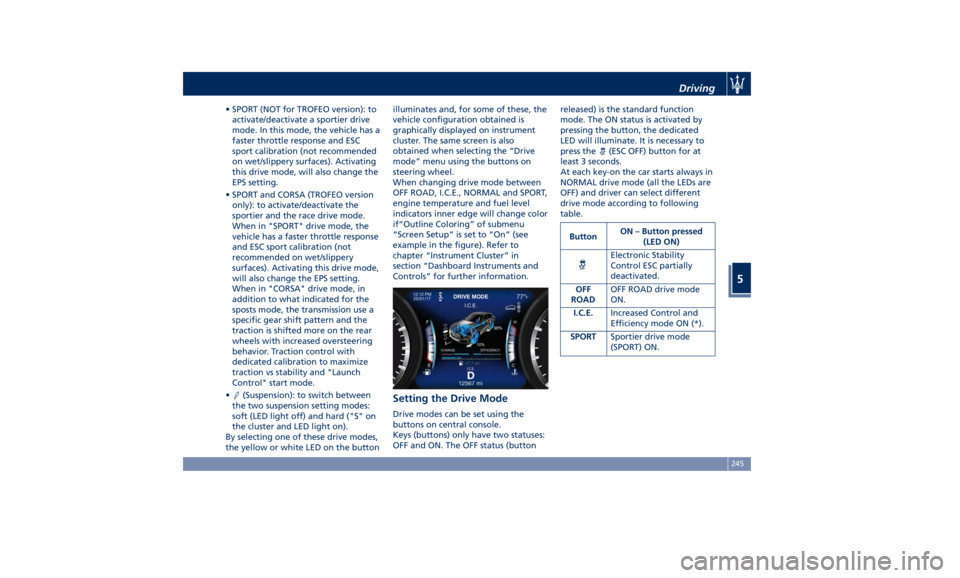 MASERATI LEVANTE 2019 Owners Manual • SPORT (NOT for TROFEO version): to
activate/deactivate a sportier drive
mode. In this mode, the vehicle has a
faster throttle response and ESC
sport calibration (not recommended
on wet/slippery su MASERATI LEVANTE 2019 Owners Manual • SPORT (NOT for TROFEO version): to
activate/deactivate a sportier drive
mode. In this mode, the vehicle has a
faster throttle response and ESC
sport calibration (not recommended
on wet/slippery su