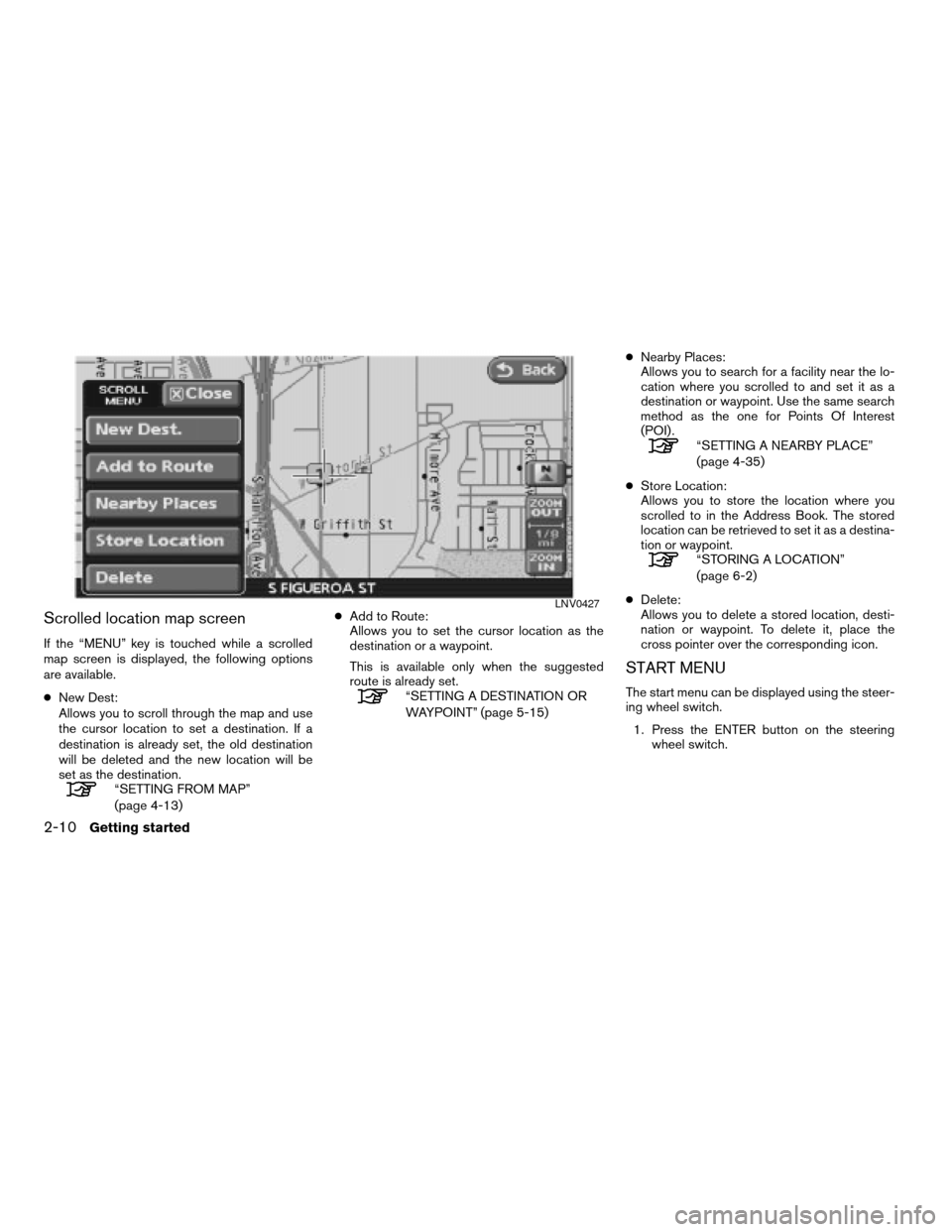 NISSAN ALTIMA HYBRID 2008 L32A / 4.G Navigation Manual Scrolled location map screen
If the “MENU” key is touched while a scrolled
map screen is displayed, the following options
are available.
cNew Dest:
Allows you to scroll through the map and use
the NISSAN ALTIMA HYBRID 2008 L32A / 4.G Navigation Manual Scrolled location map screen
If the “MENU” key is touched while a scrolled
map screen is displayed, the following options
are available.
cNew Dest:
Allows you to scroll through the map and use
the