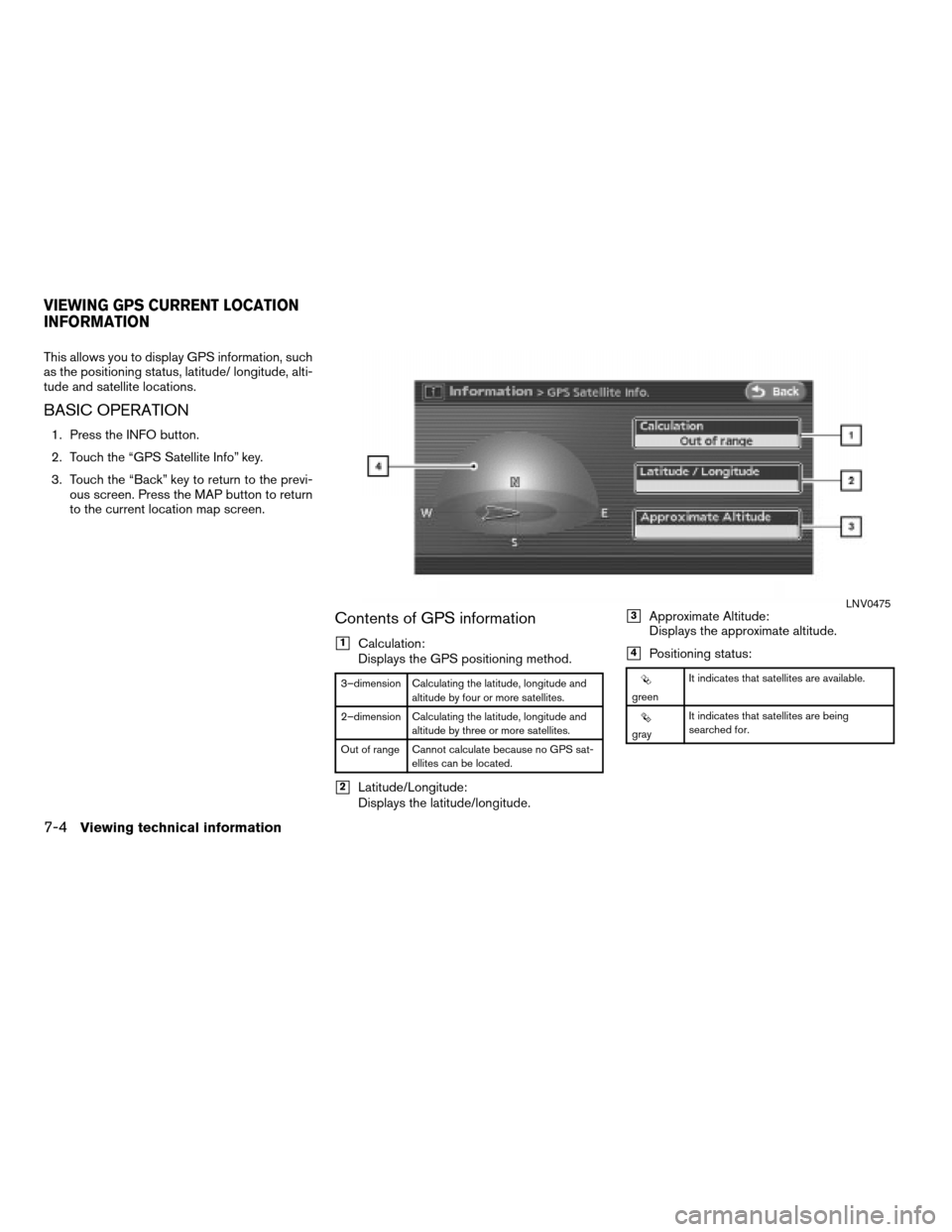 NISSAN ALTIMA HYBRID 2008 L32A / 4.G Navigation Manual This allows you to display GPS information, such
as the positioning status, latitude/ longitude, alti-
tude and satellite locations.
BASIC OPERATION
1. Press the INFO button.
2. Touch the “GPS Satel NISSAN ALTIMA HYBRID 2008 L32A / 4.G Navigation Manual This allows you to display GPS information, such
as the positioning status, latitude/ longitude, alti-
tude and satellite locations.
BASIC OPERATION
1. Press the INFO button.
2. Touch the “GPS Satel