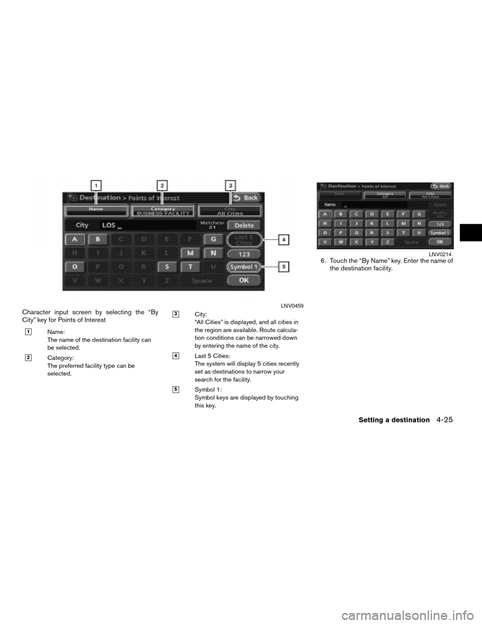 NISSAN ALTIMA HYBRID 2008 L32A / 4.G Navigation Manual Character input screen by selecting the “By
City” key for Points of Interest
h1Name:
The name of the destination facility can
be selected.
h2Category:
The preferred facility type can be
selected.
