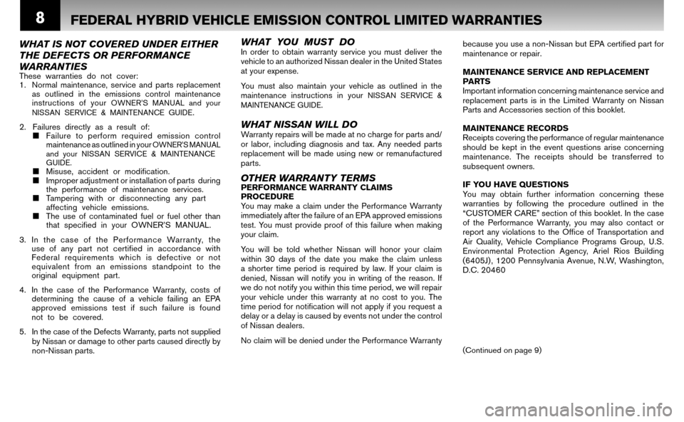 NISSAN ALTIMA HYBRID 2008 L32A / 4.G Warranty Booklet 8FEDERAL HYBRID VEHICLE EMISSION CONTROL LIMITED WARRANTIES
because you use a non-Nissan but EPA certifi ed part for
maintenance or repair.
MAINTENANCE SERVICE AND REPLACEMENT
PARTS
Important in NISSAN ALTIMA HYBRID 2008 L32A / 4.G Warranty Booklet 8FEDERAL HYBRID VEHICLE EMISSION CONTROL LIMITED WARRANTIES
because you use a non-Nissan but EPA certifi ed part for
maintenance or repair.
MAINTENANCE SERVICE AND REPLACEMENT
PARTS
Important in