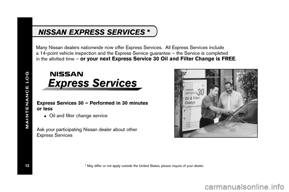 NISSAN VERSA 2008 1.G Service And Maintenance Guide ManyNissan deale rsnati onwid enow offer Express Services .All Ex pres sServi cesinclude
a\f4\b point ve hicle inspect ion and the Expr essSer vice guar antee –the Serv ice iscompl eted
inthe allott