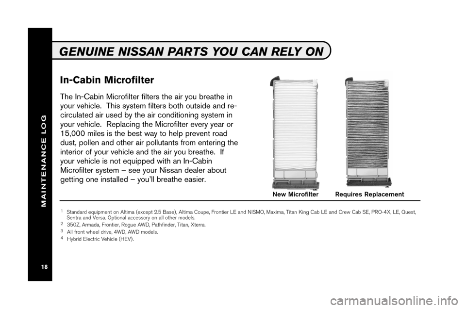NISSAN VERSA 2008 1.G Service And Maintenance Guide In\bCab inMicrofilter
The In \bC abi nMicr ofil ter filt ers the airyoubreathe in
yourvehi cle . Th issyst emfilt ers bot houts ide and re\b
circula ted air use dby the aircondi tion ing system in
you