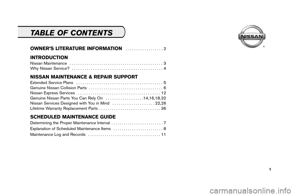 NISSAN VERSA 2008 1.G Service And Maintenance Guide \f
TABL EOF CO NTE NTS
O WNER’ SLITE RATUR EIN FOR MATION.................. 2
INTR ODUCTIO N
Nissan Mainten ance ............................................ 3
Why Nissan Service ?..................